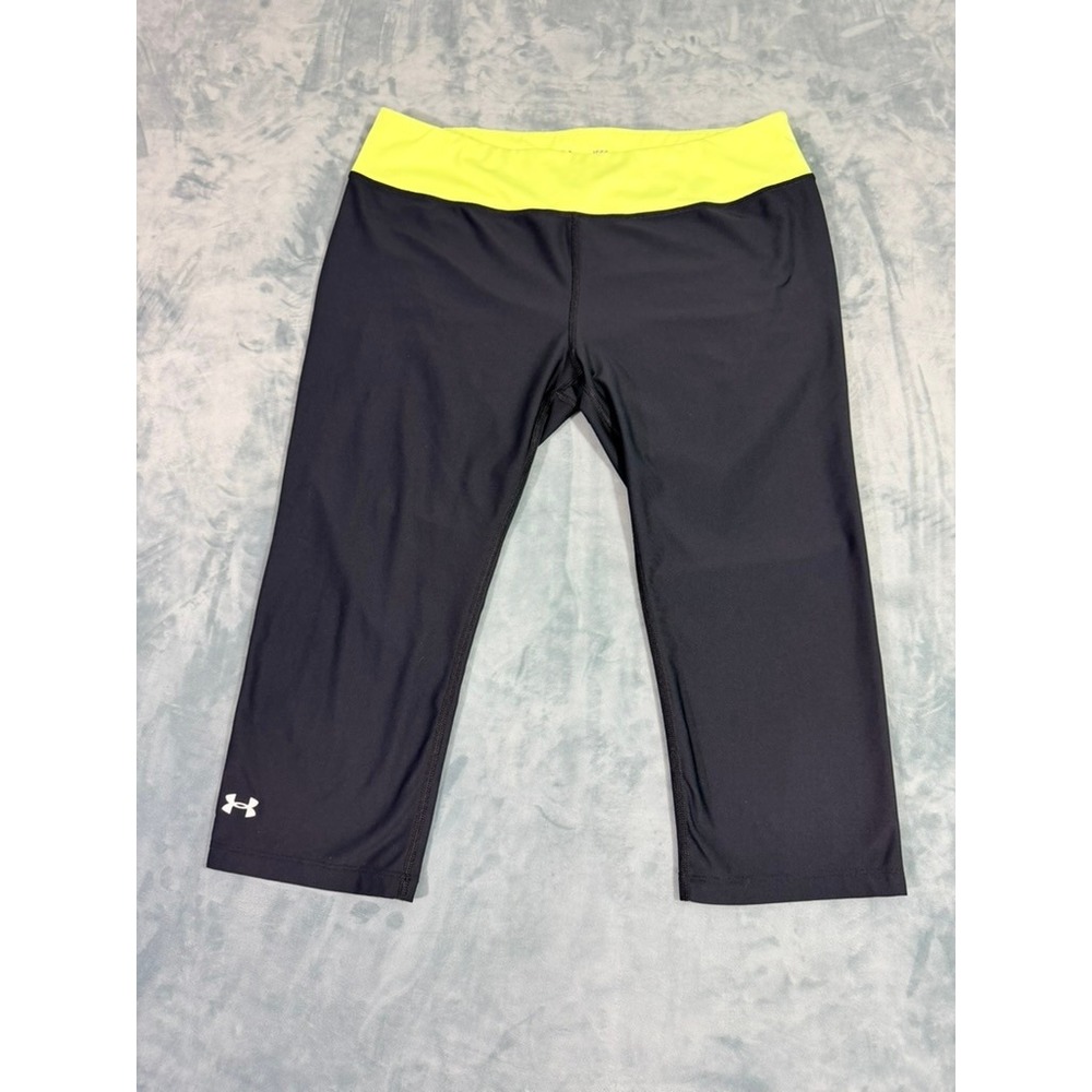 Under Armour HeatGear Womens Large Black Neon Yellow Cropped Leggings Fitted